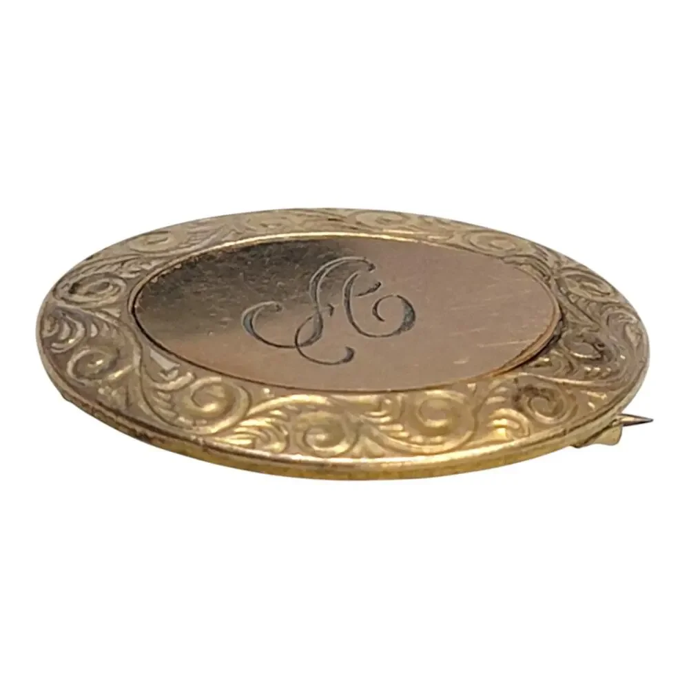 Antique CT Gold Filled Oval Engraved Monogram Brooch Pin Victorian Script A